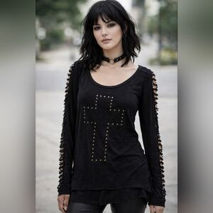 Rock & Republic Black Studded Cross Slashed Sleeve Top Medium Goth Boho Concert